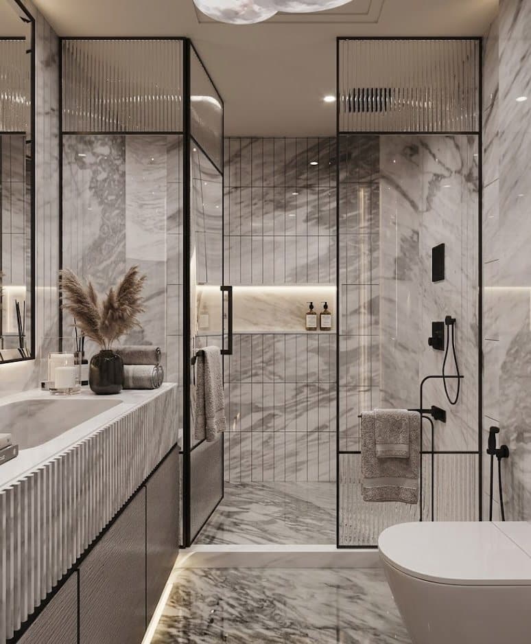 A designer bathroom finished in Tayo surfaces