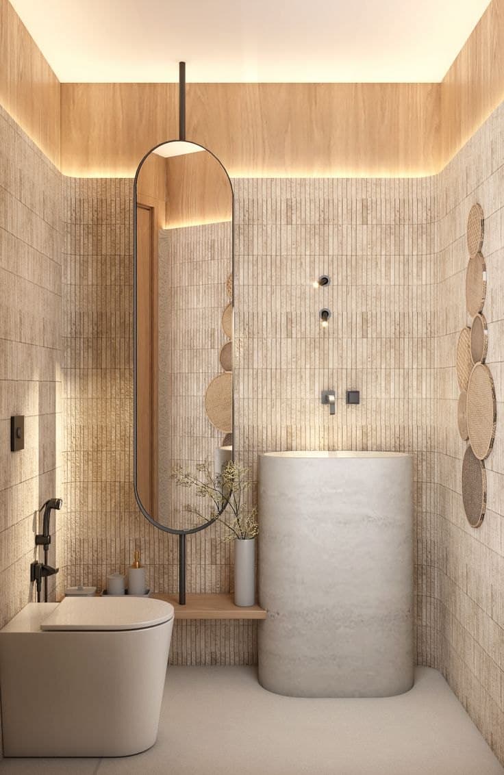 A designer bathroom finished in Tayo surfaces