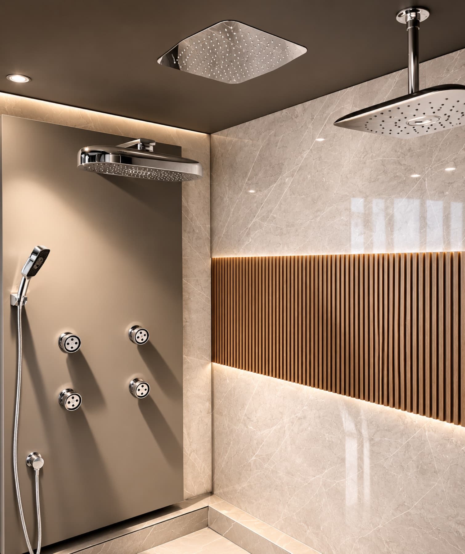 Kohler rain shower heads, body sprays and hand shower on live display at Tayo Living, Gurgaon