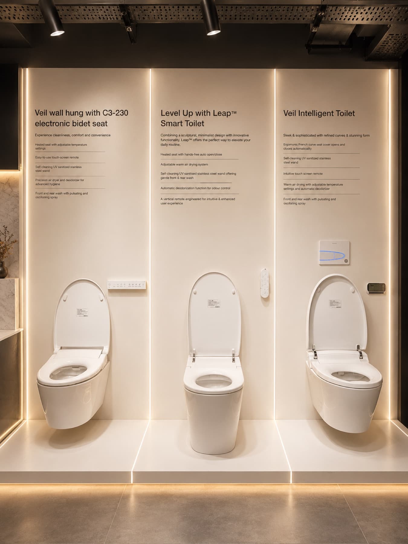 Kohler Veil Intelligent Toilet, Leap Smart Toilet and Veil wall-hung with C3-230 bidet seat on display at Tayo Living, Gurgaon