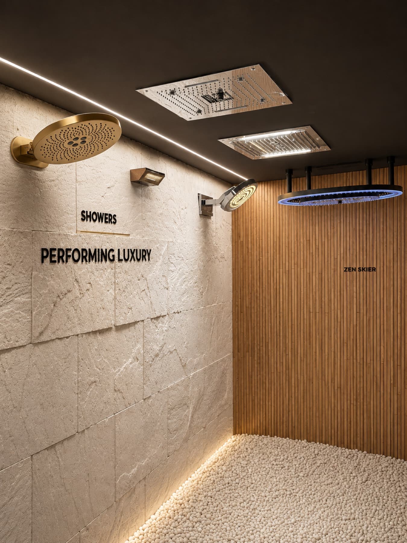 Kohler Zen Skier LED statement rain shower in the shower experience room at Tayo Living, Gurgaon