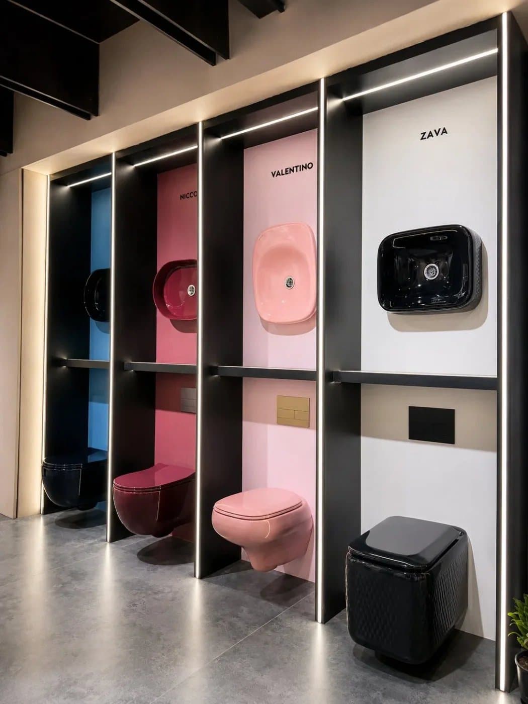 Designer sanitaryware display in coloured finishes
