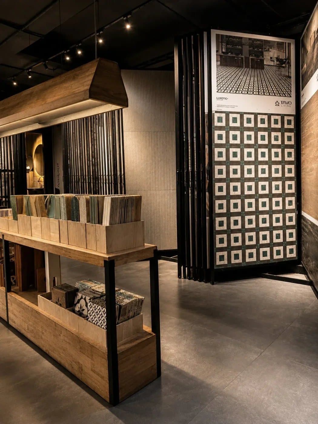 Full-height tile display panels in the Tayo Living gallery