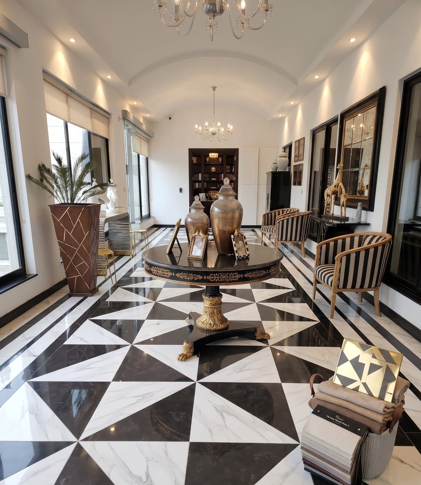 Floor tile inlay design in a double-height lobby