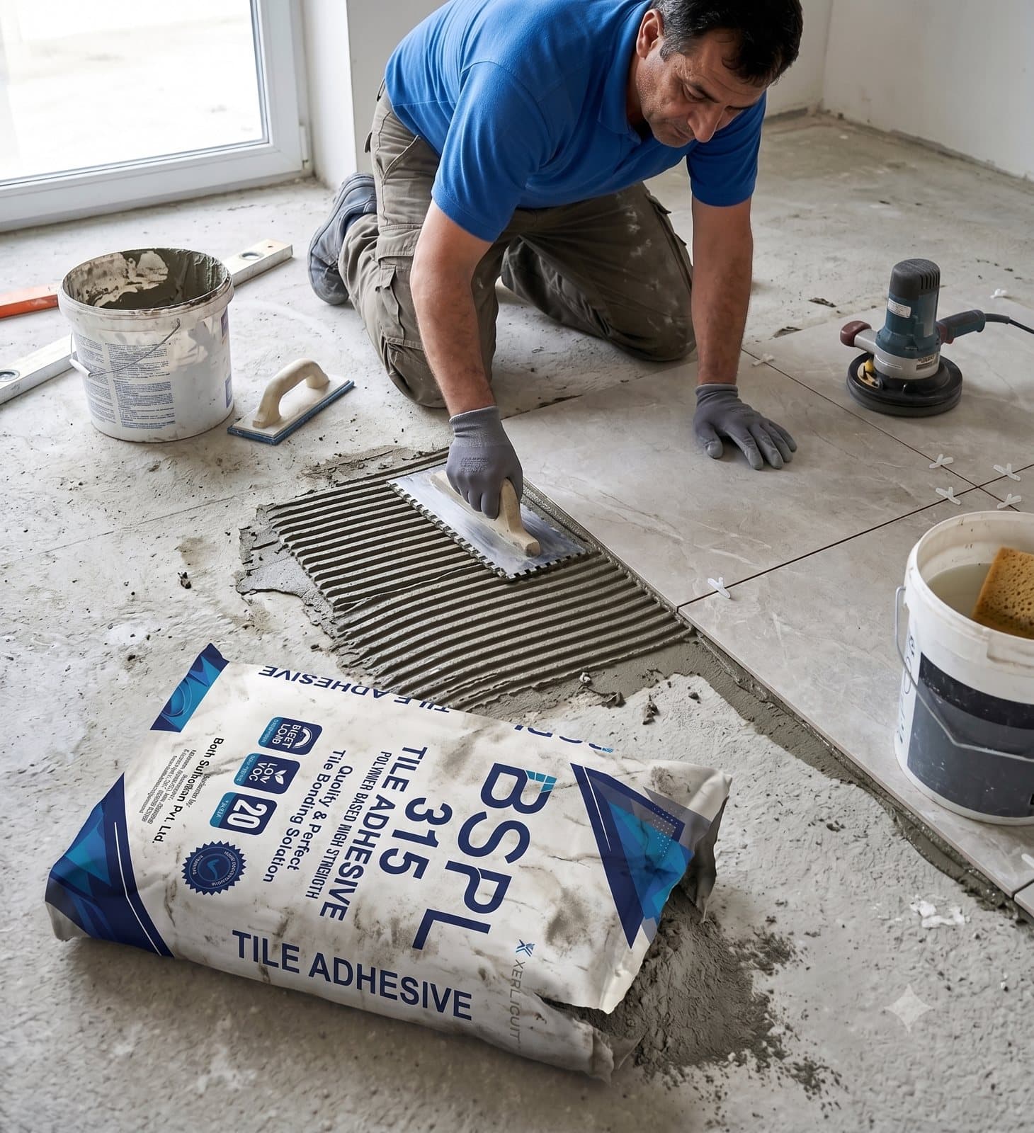 Tile being installed with BSPL adhesive