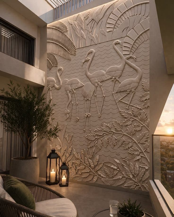 Flamingo relief mural carved in stone