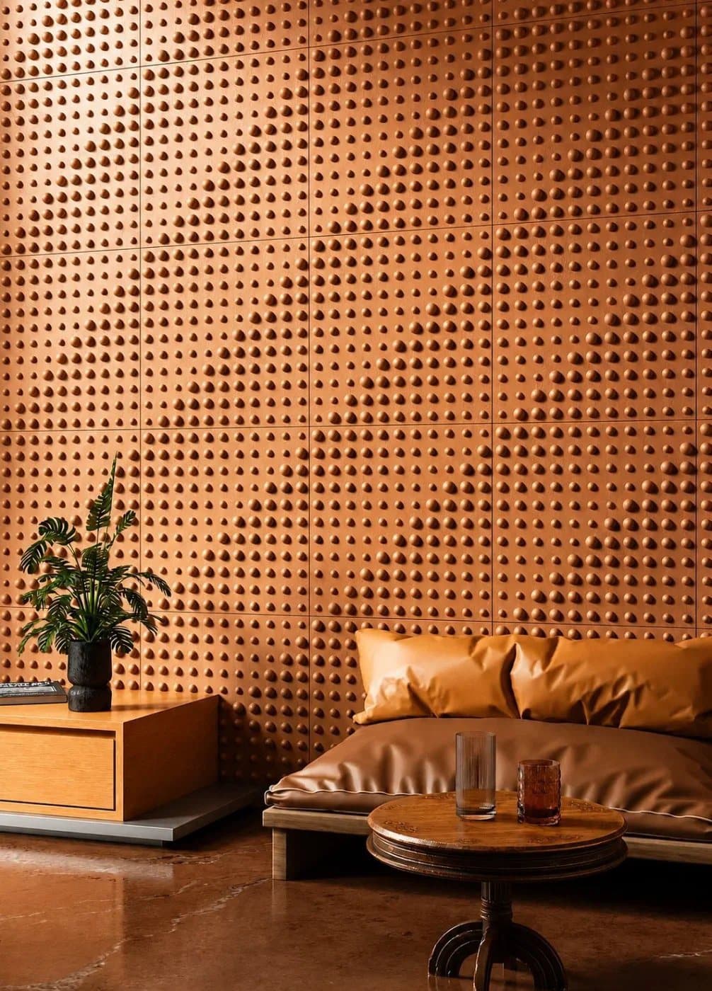 Perforated concrete feature wall in a seating nook