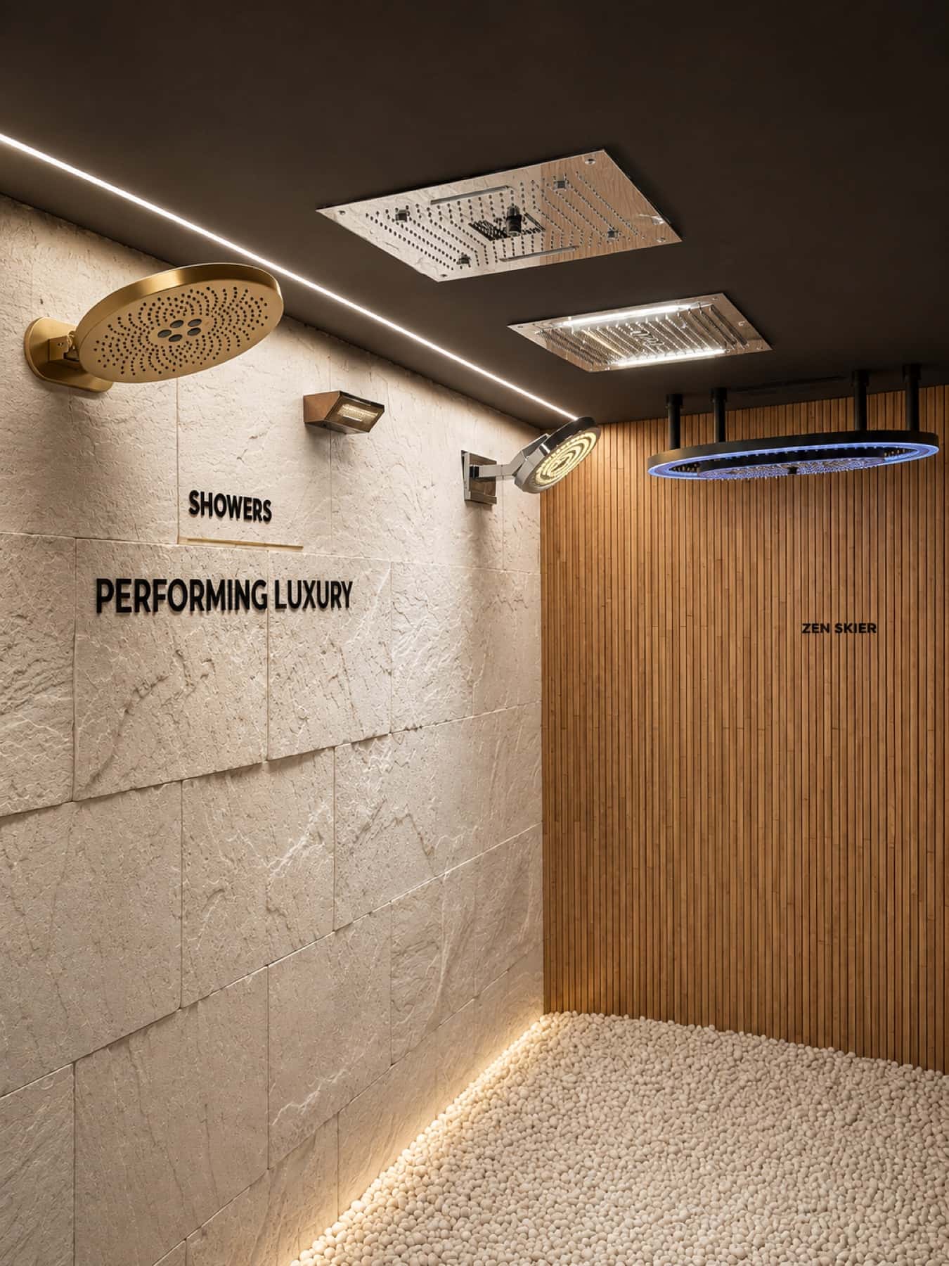 Kohler Zen Skier LED statement rain shower in the shower experience room at Tayo Living, Gurgaon