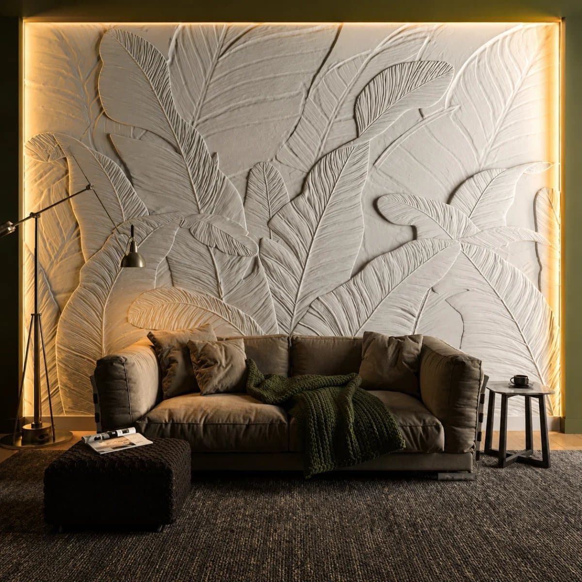 A carved relief feature wall — specification-grade stone art