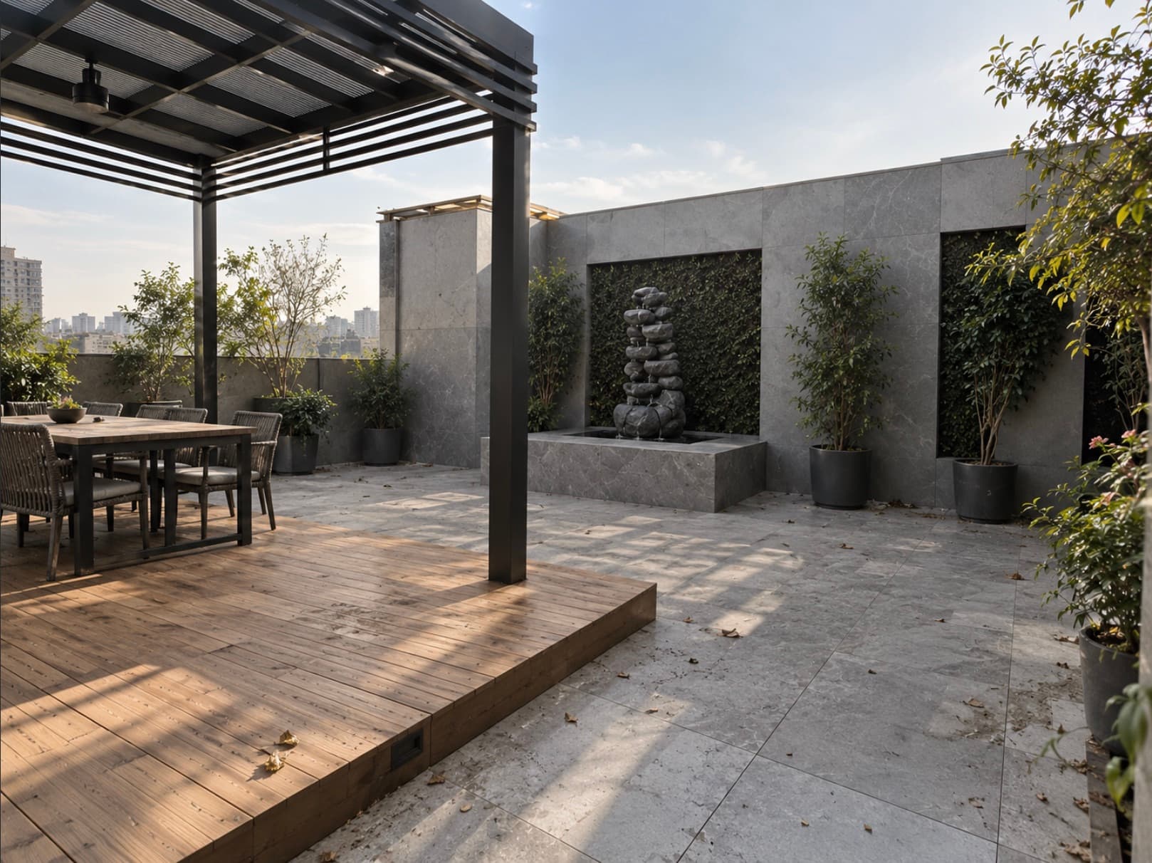 A rooftop terrace zoned with grey stone-look porcelain and a raised wooden-look deck beneath a pergola