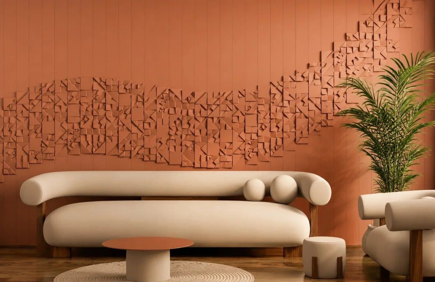 Terracotta relief wall behind a curved sofa