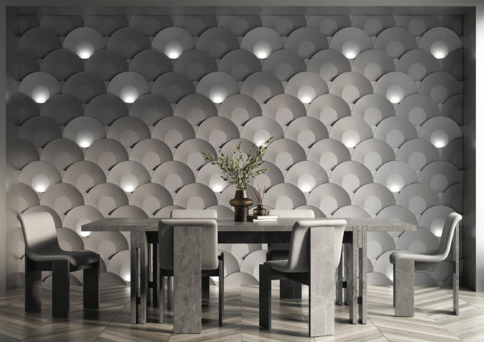 Sculpted UHPC concrete wall panels in a lounge