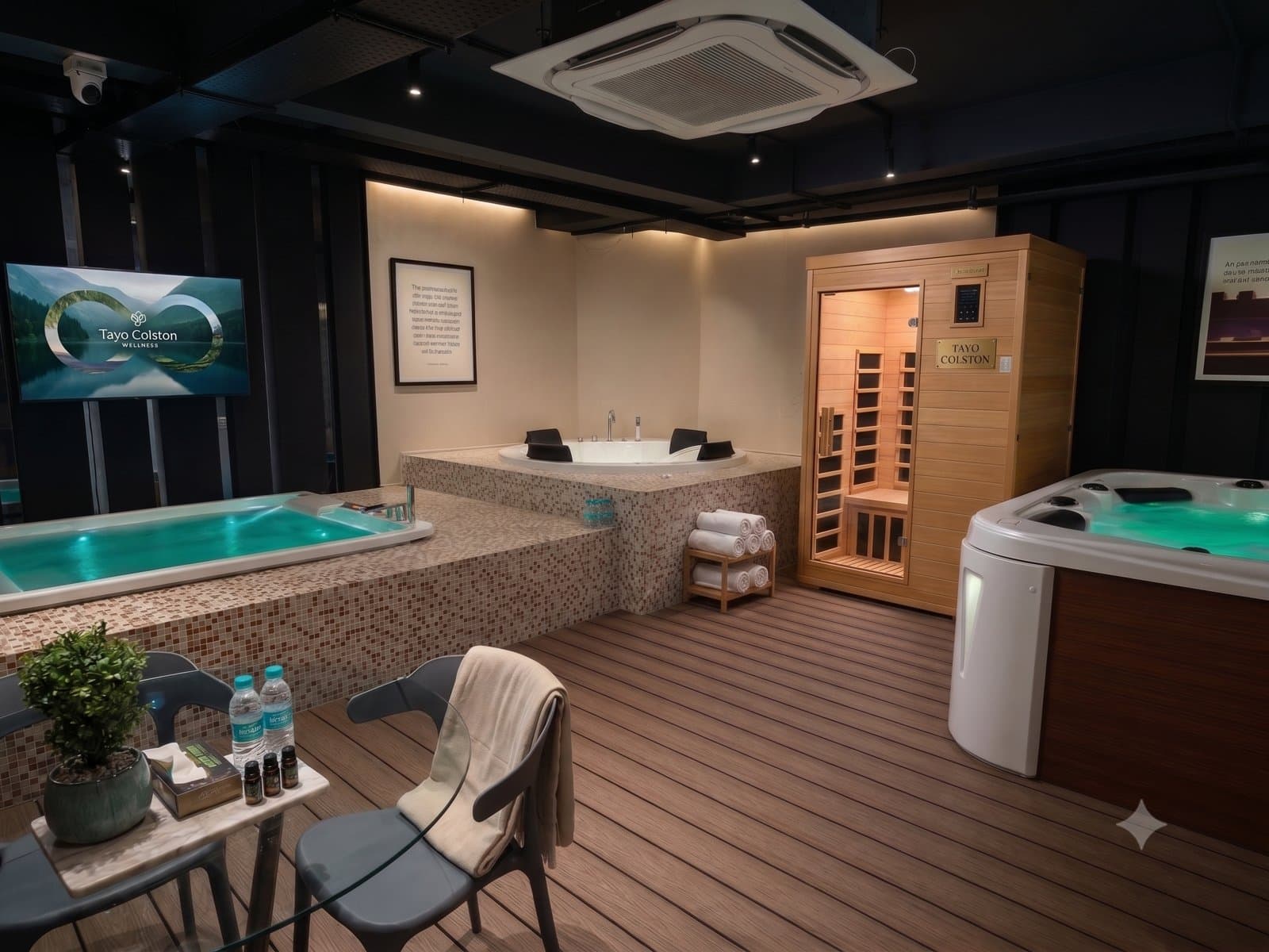 The Tayo Colston wellness area with jacuzzi, sauna and hot tub