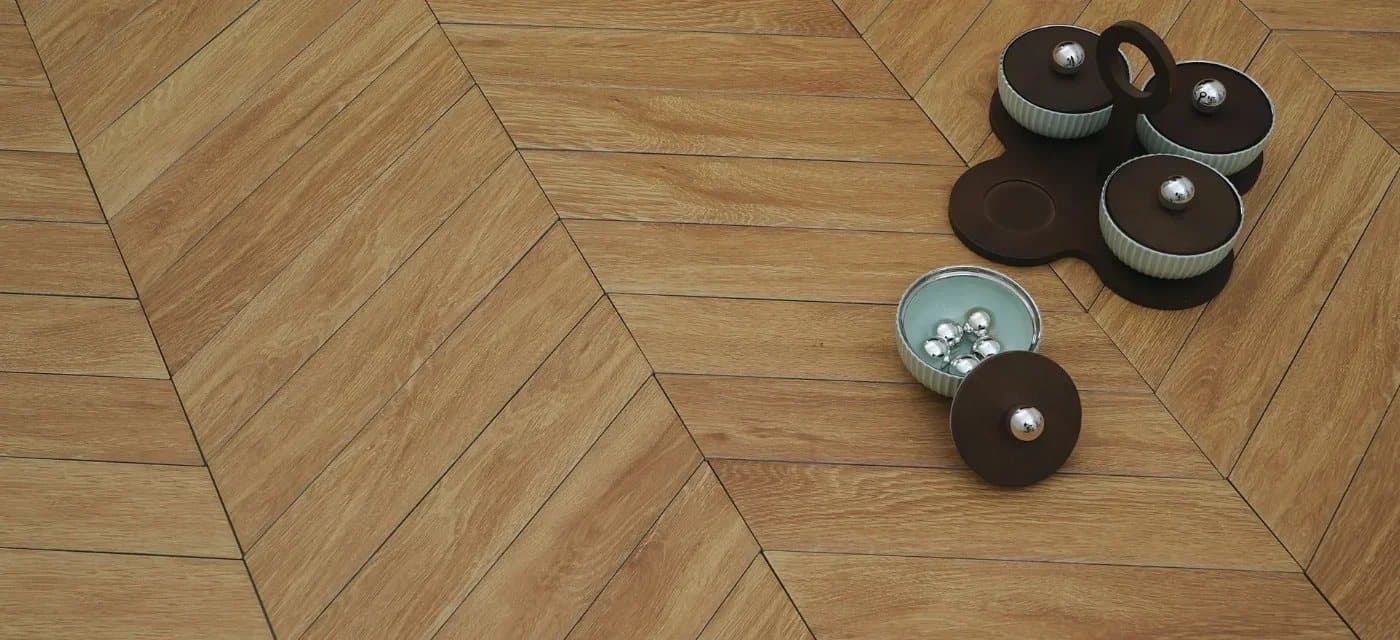 Precision-laid chevron wooden-look tile