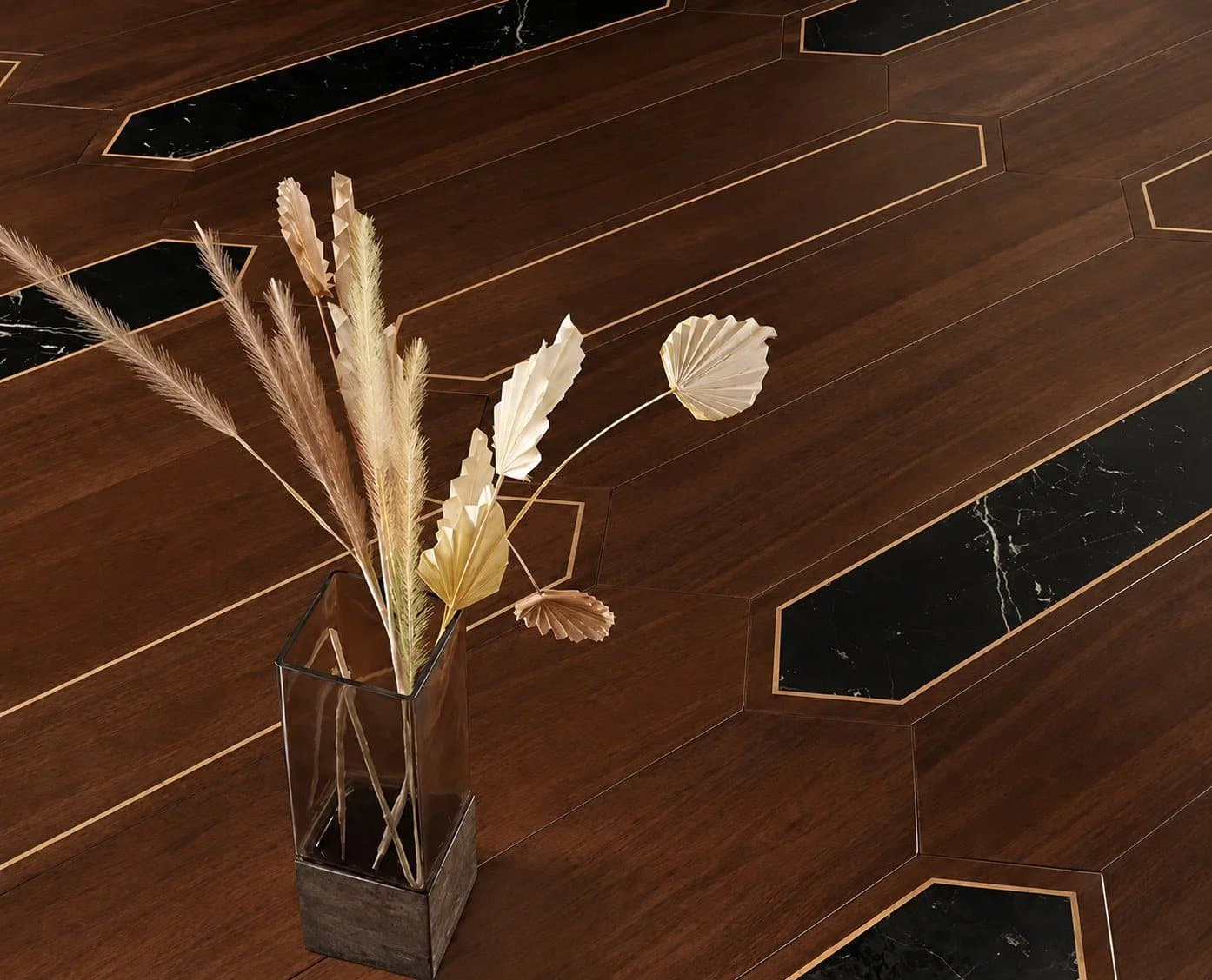 Bespoke wood floor with brass and marble inlay